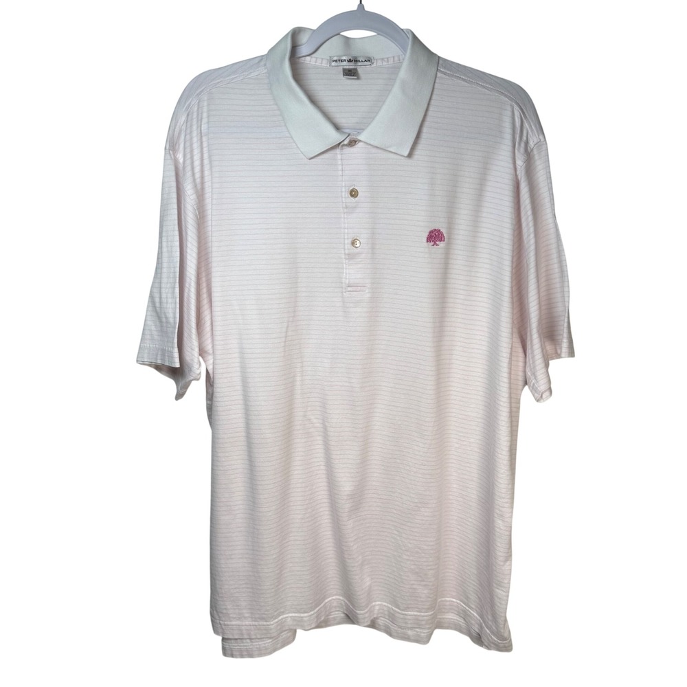 Peter‎ Millar Crown Pima Cotton Polo Shirt XL Pink White Stripe Tree Logo Golf